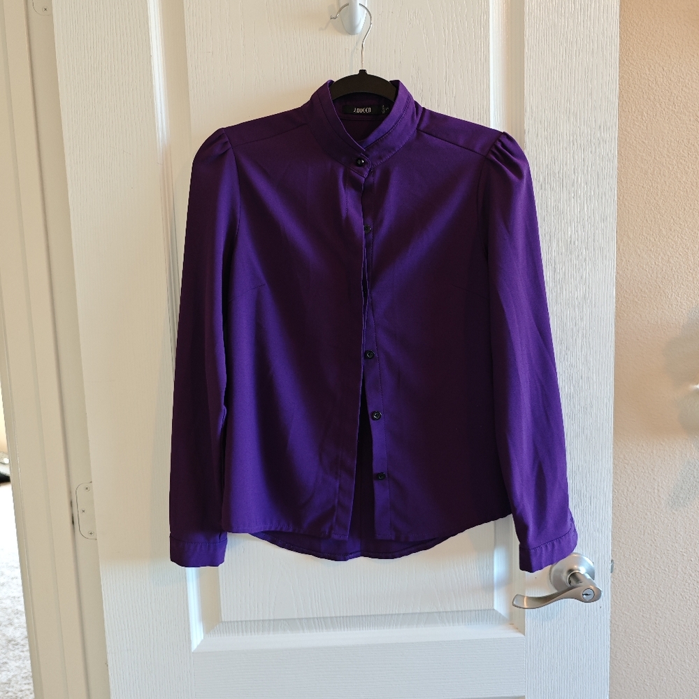 Women's Purple Button Front Blouse Long Sleeve Mandarin Collar Top